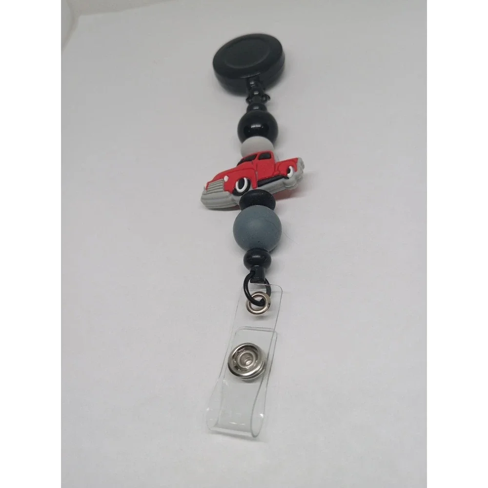 Retractable Badge Reel ID Holder Red Vintage Truck Charm Beaded Nurse Teacher